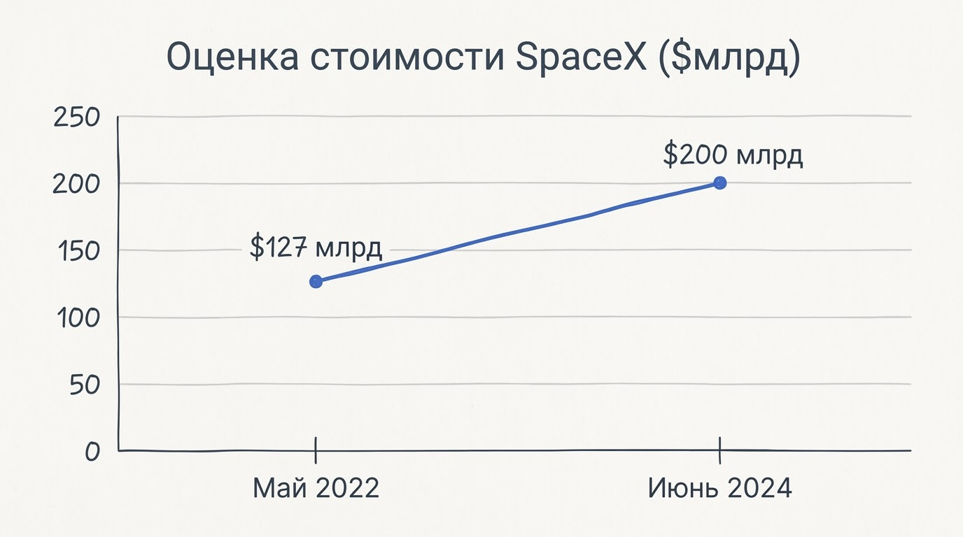 Линейный график с тремя точками роста стоимости SpaceX на мониторе, мужчина смотрит на экран