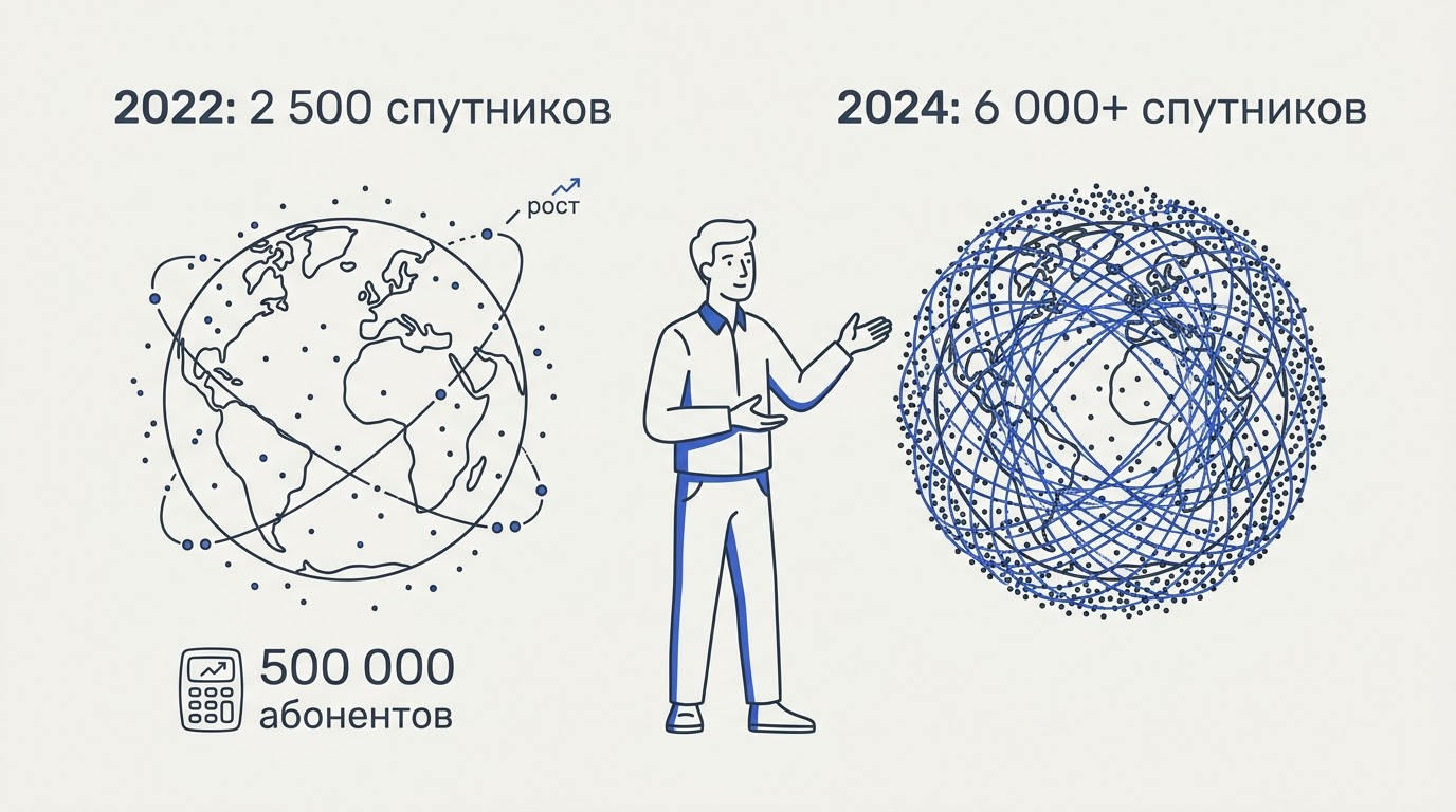 Сравнение двух глобусов: редкая сетка спутников 2022 года слева и плотное покрытие 2024 года справа