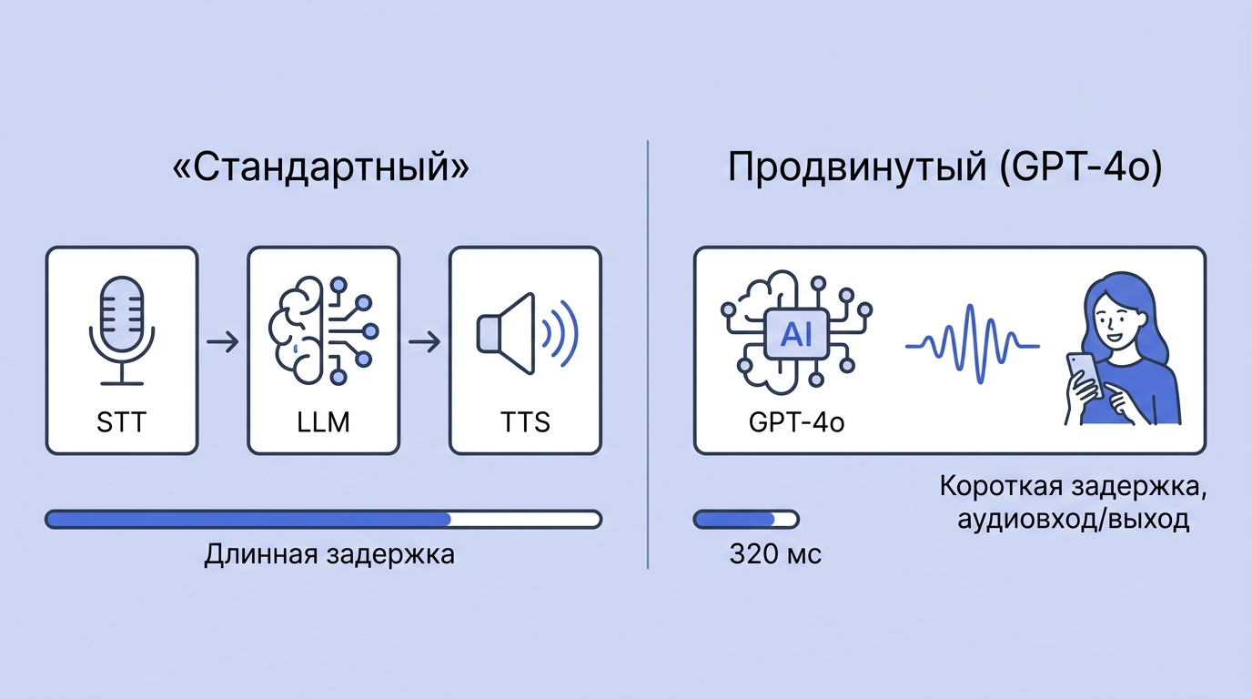 Разделённый экран: слева три блока STT, LLM, TTS с длинной полосой задержки; справа один блок GPT-4o с короткой полосой и улыбающейся женщиной