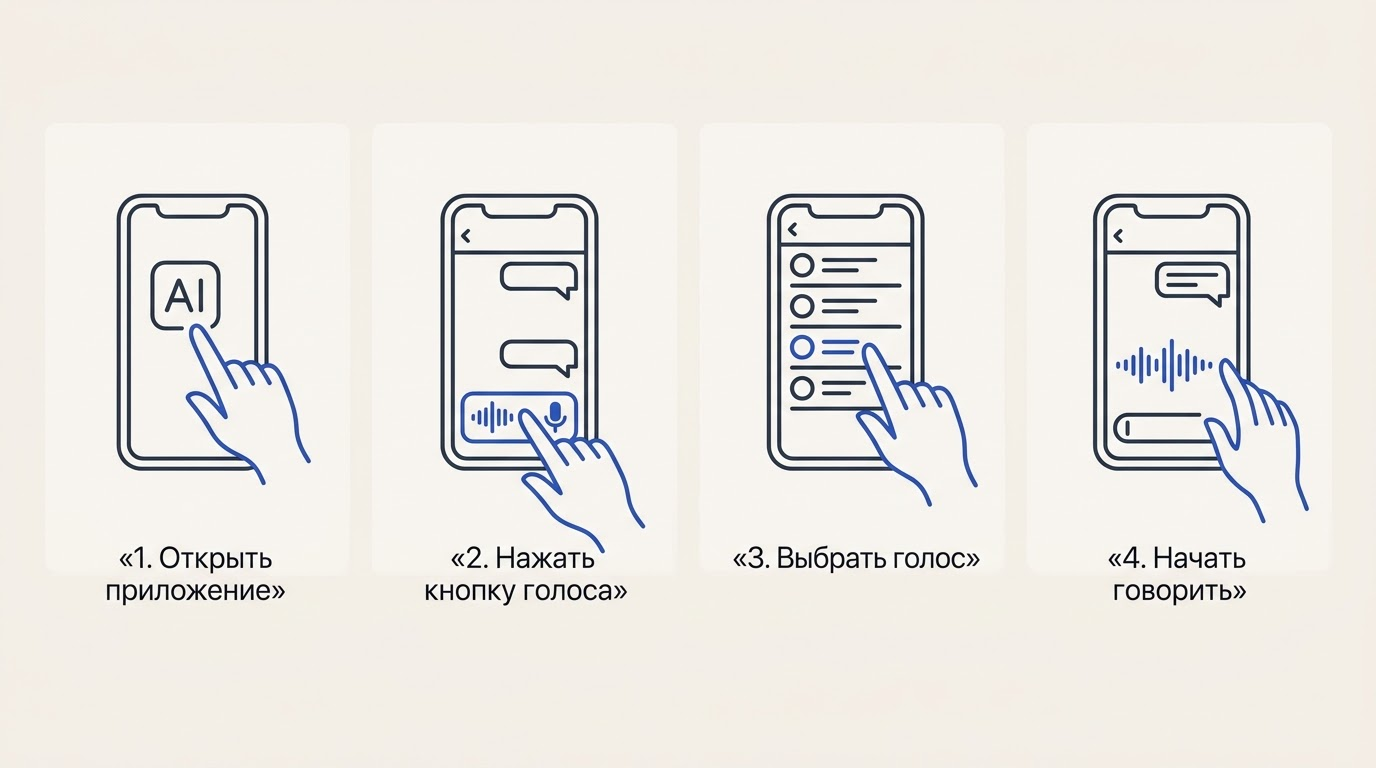 Горизонтальная пошаговая схема из четырёх иконок-скриншотов телефона: приложение, кнопка волны, настройки голоса, рука с микрофоном