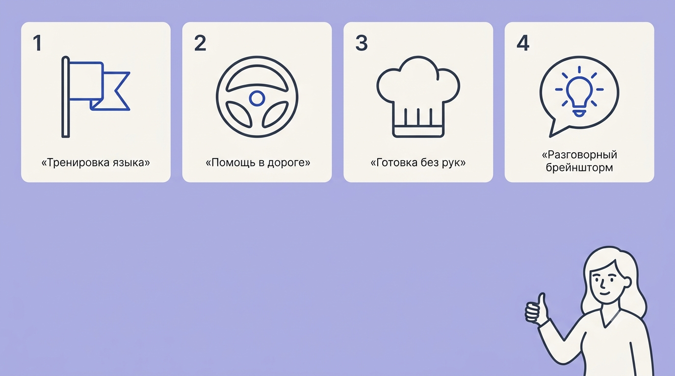 Четыре карточки с иконками: флаг для изучения языков, руль для хендс-фри, поварской колпак для кухни, лампочка в пузыре для брейншторминга