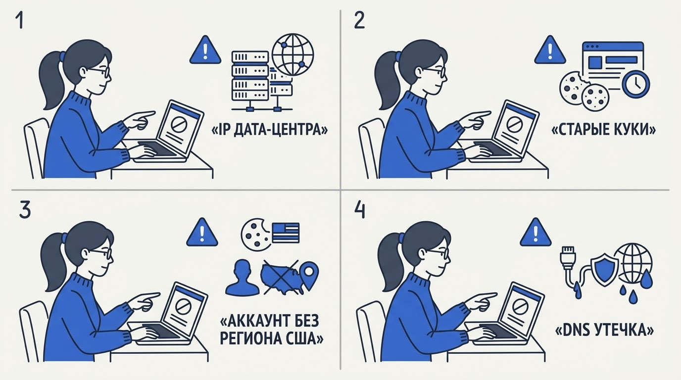 Чеклист из четырёх причин блокировки Gemini при включённом VPN: IP дата-центра, куки, аккаунт, DNS