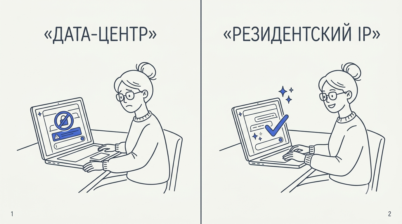 Сравнение двух экранов: слева заблокированный Gemini с IP дата-центра, справа успешная загрузка через резидентский IP