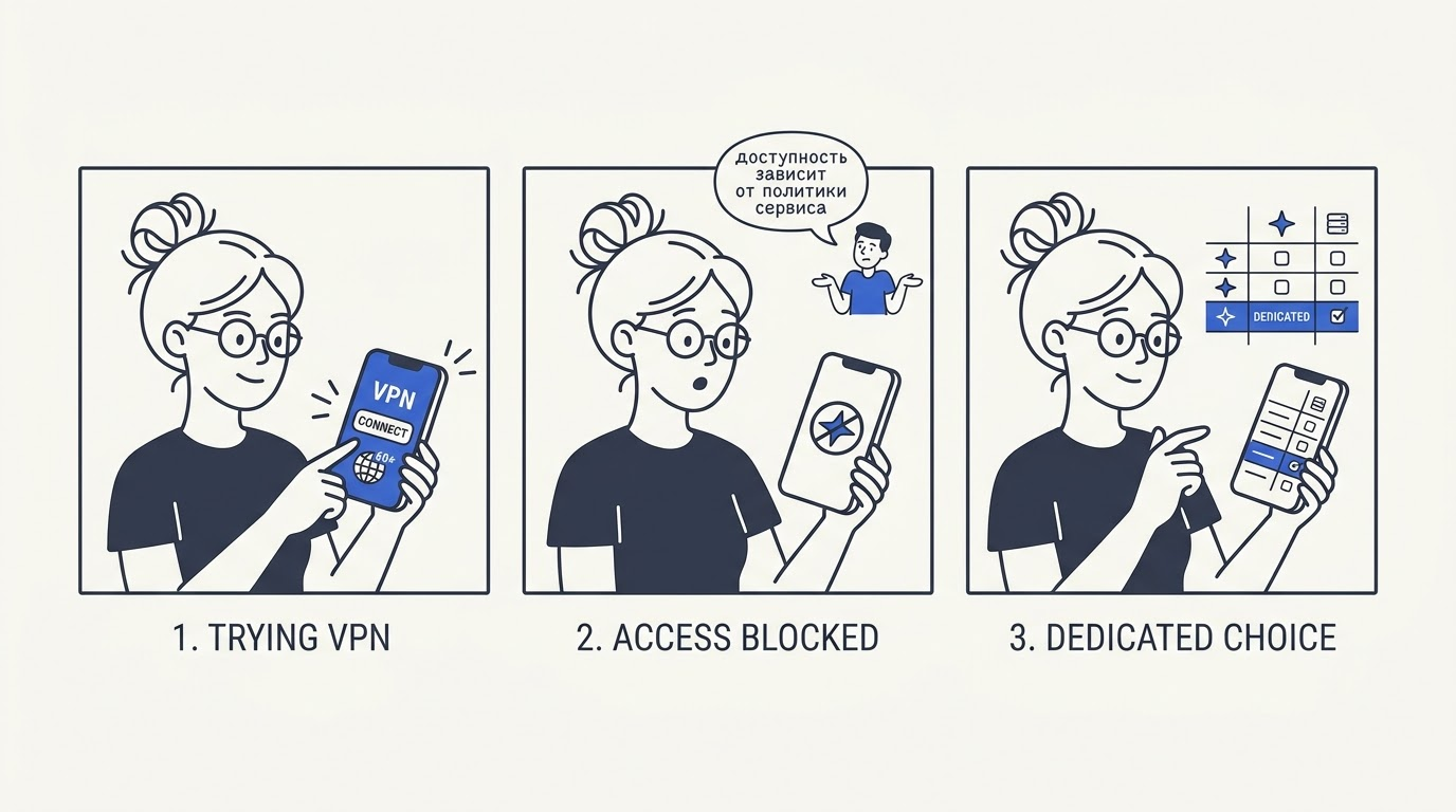 Комикс из трёх панелей: подключение VPN, ошибка доступа к Gemini, выбор подходящего сервиса по таблице сравнения