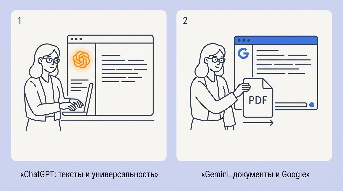Женщина за компьютером: слева интерфейс ChatGPT с оранжевым логотипом, справа интерфейс Gemini с загруженным PDF в синей палитре Google