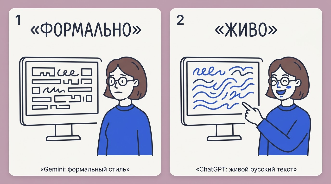 Два экрана с одинаковым промптом: слева шаблонный русский абзац от Gemini, справа живой естественный текст от ChatGPT