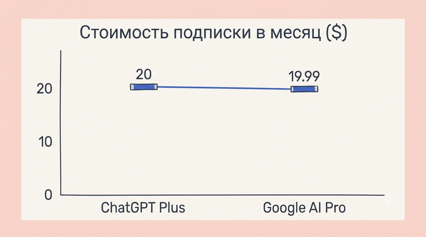 График с двумя горизонтальными линиями стоимости подписок ChatGPT Plus и Google AI Pro за 12 месяцев с аннотациями включённых функций
