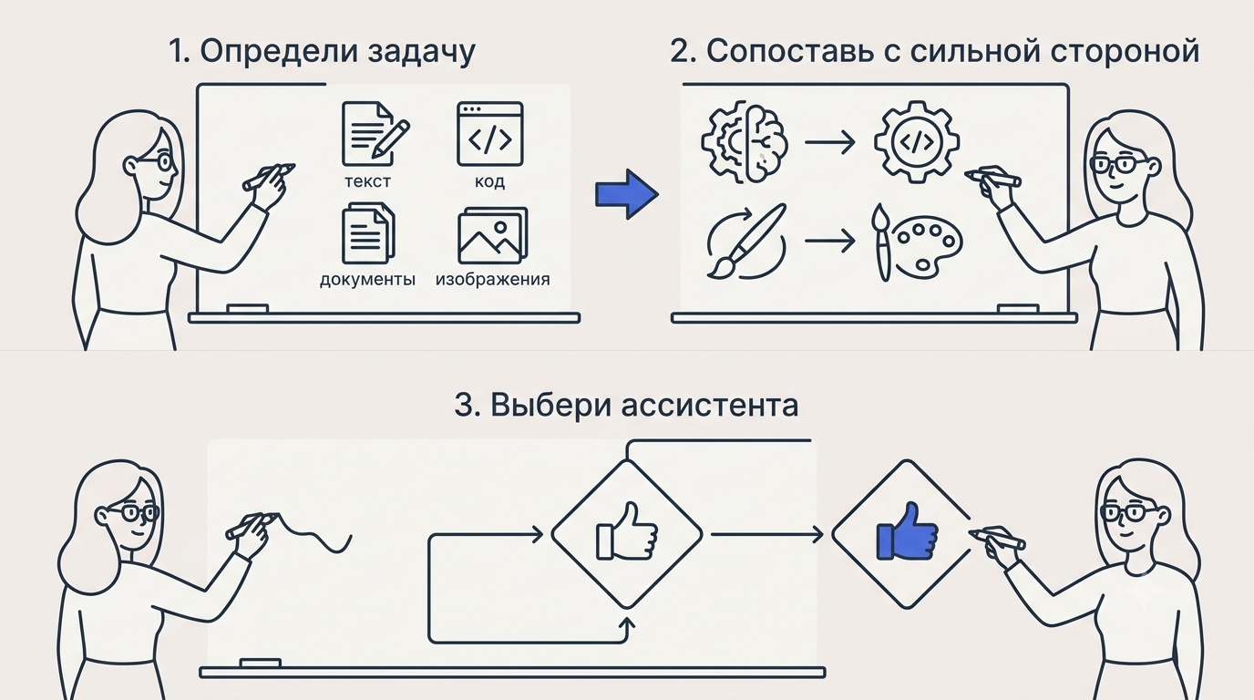 Блок-схема из трёх шагов на доске: тип задачи, стрелка к подходящему ассистенту, финальное решение с иконкой большого пальца вверх