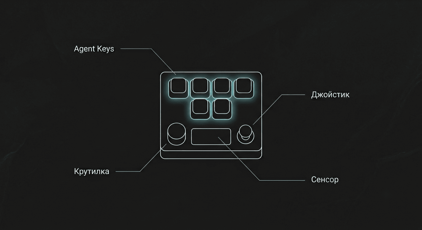 Инфографика с обзором клавиатуры Codex Micro: Agent Keys, джойстик, крутилка и сенсорная площадка с подписями