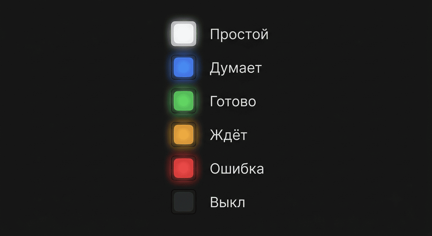 Цветовая индикация Agent Keys Codex Micro: белый, синий, зелёный, янтарный, красный и погашенный статусы