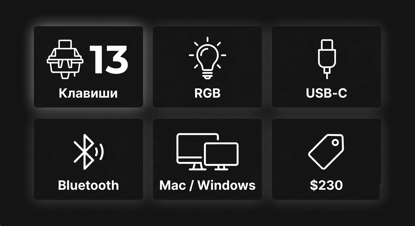 Характеристики Codex Micro: 13 клавиш, RGB, USB-C, Bluetooth, Mac и Windows, цена 230 долларов