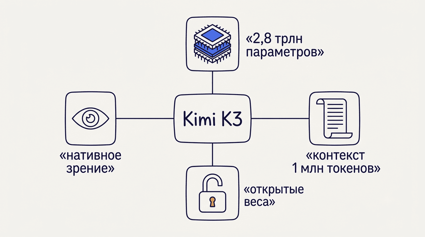 Схема ключевых характеристик Kimi K3: параметры, контекст, открытые веса, нативное зрение