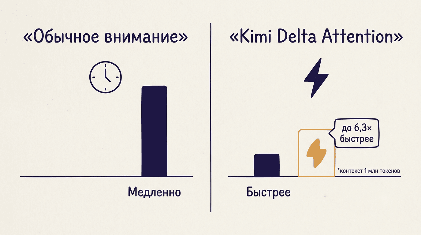 Сравнение обычного внимания и Kimi Delta Attention по скорости декодирования на длинном контексте