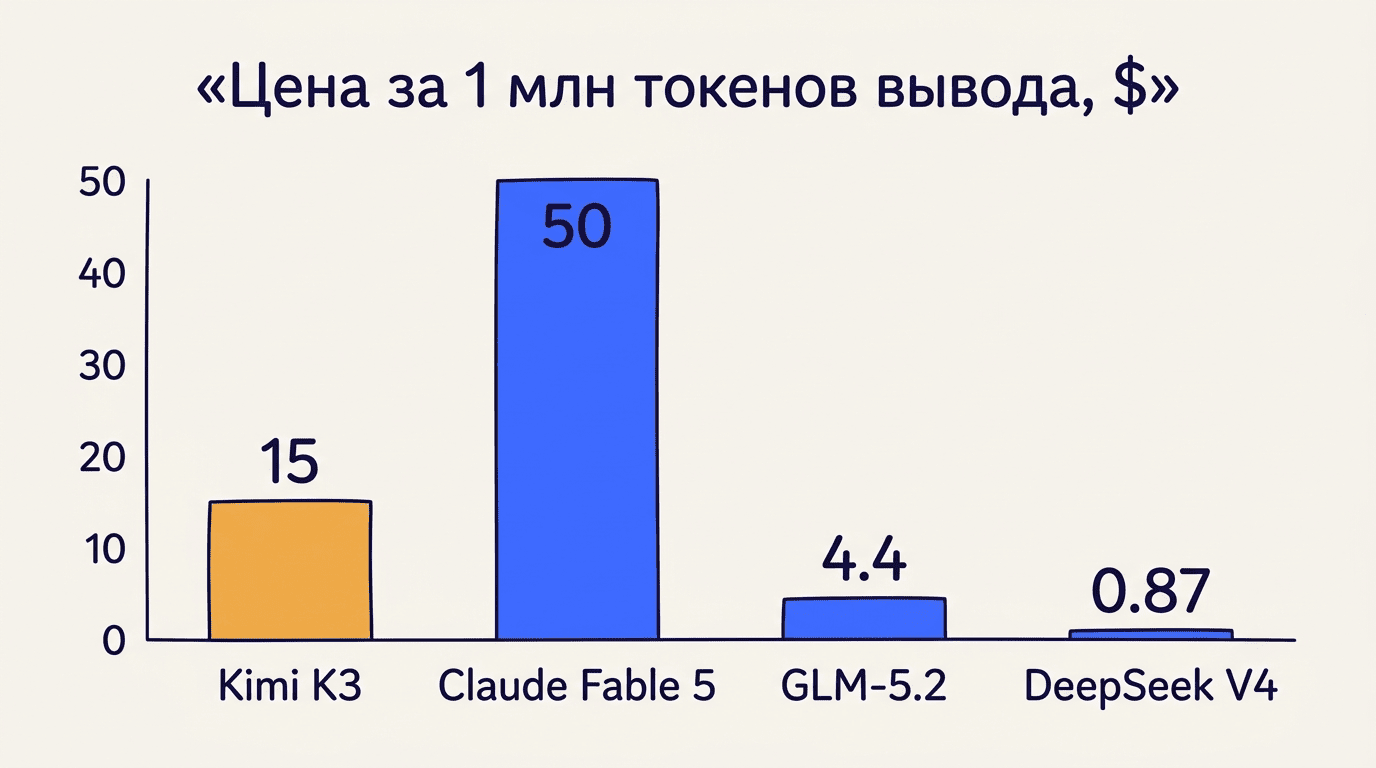 График цены за миллион токенов вывода: Kimi K3, Claude Fable 5, GLM-5.2, DeepSeek V4