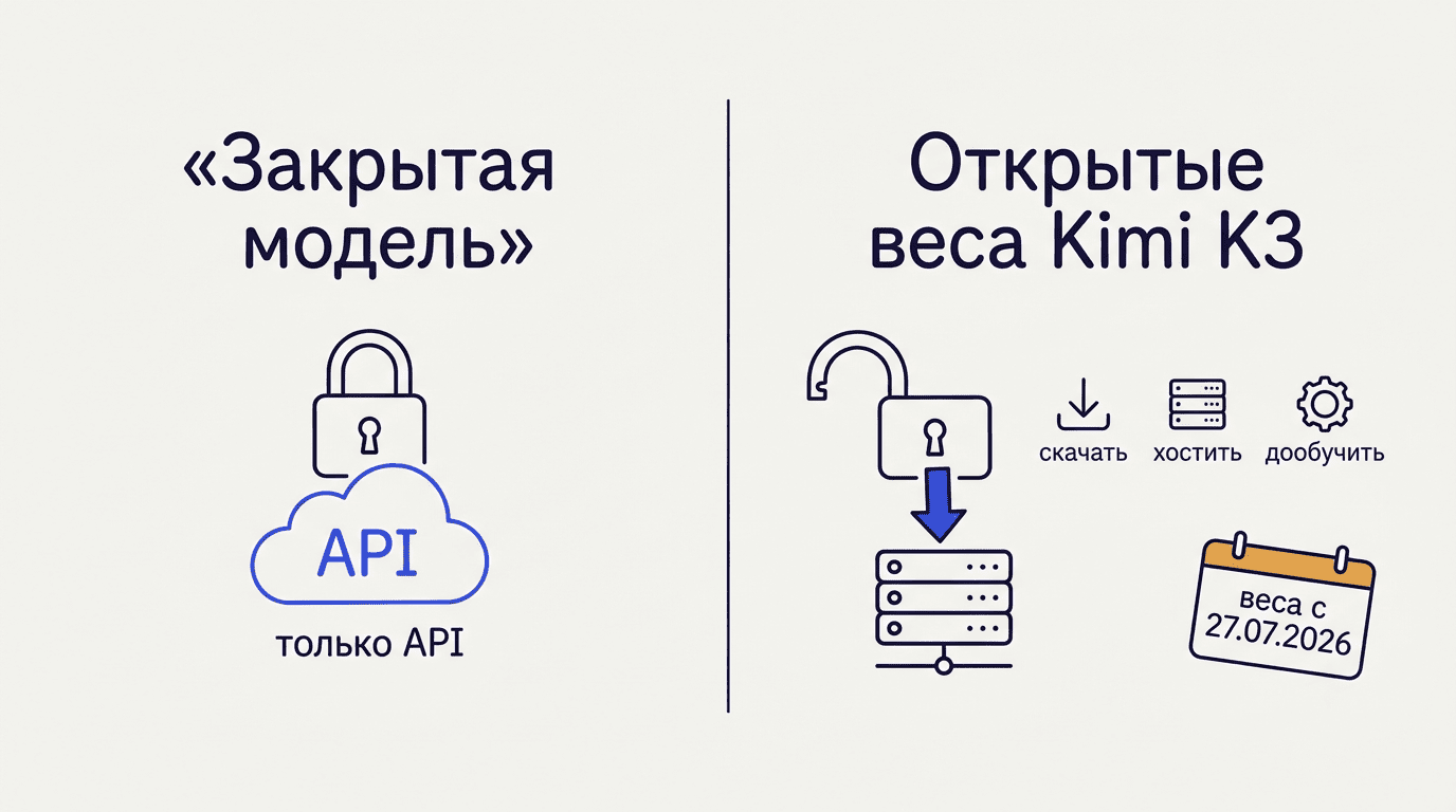 Сравнение закрытой модели с доступом только по API и открытых весов Kimi K3: скачать, хостить, дообучить