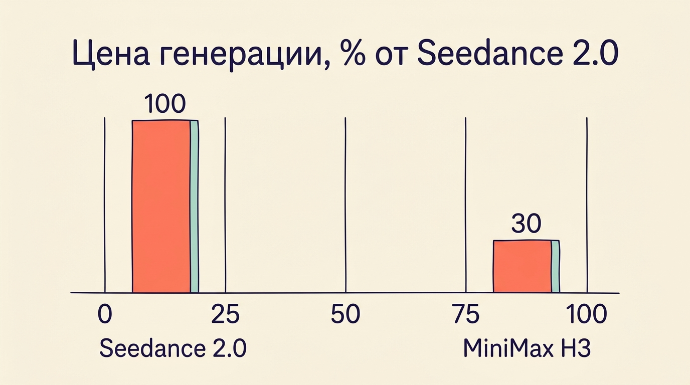 Столбчатый график: цена MiniMax H3 30% против 100% у Seedance 2.0