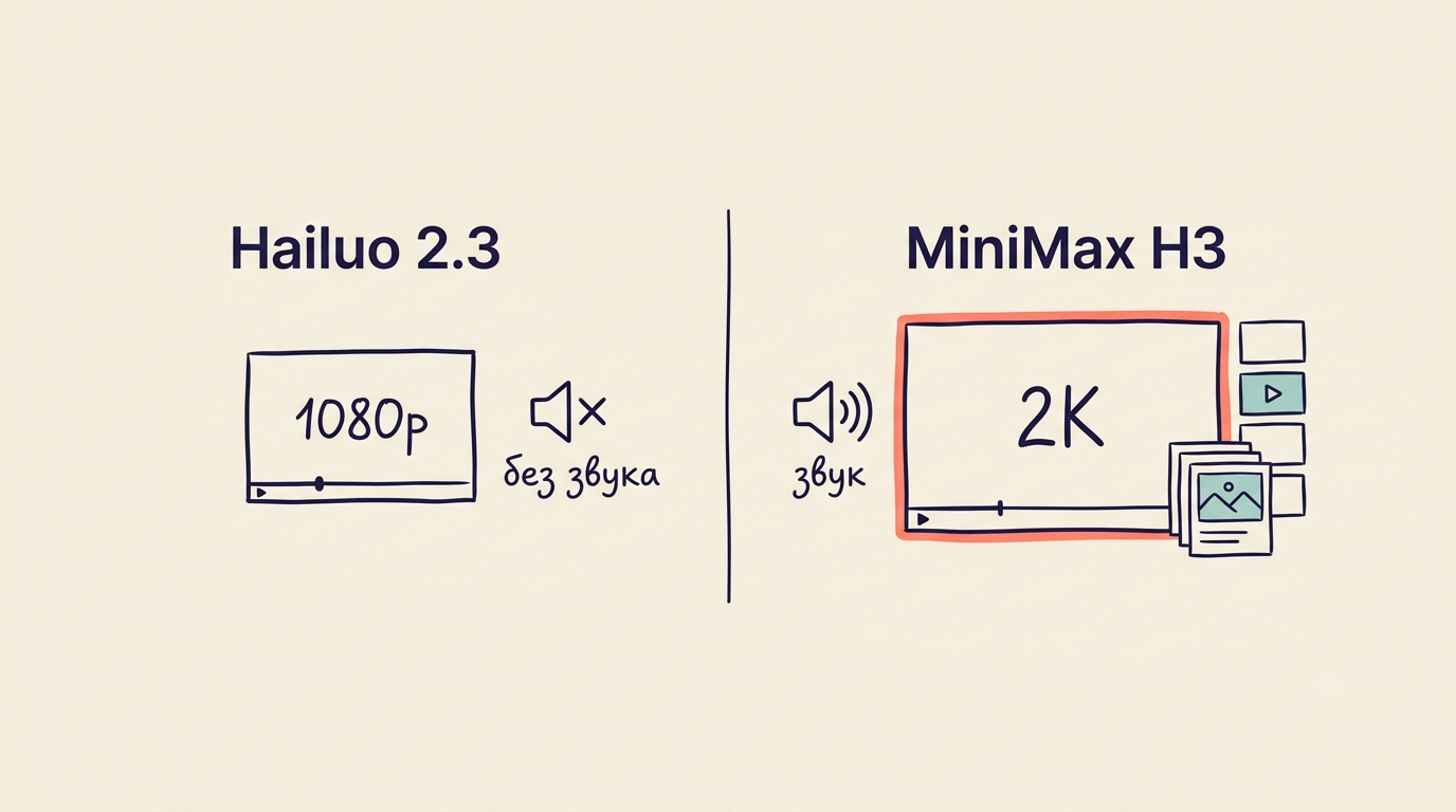 Сравнение Hailuo 2.3 (1080p, без звука) и MiniMax H3 (2K, звук, референсы)