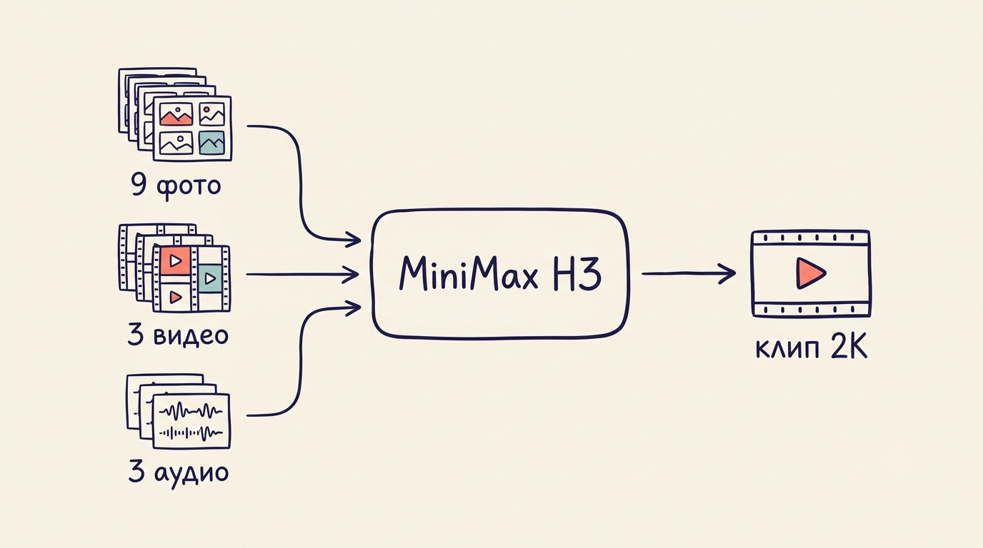 Схема Omni Reference: 9 фото, 3 видео, 3 аудио на входе модели MiniMax H3