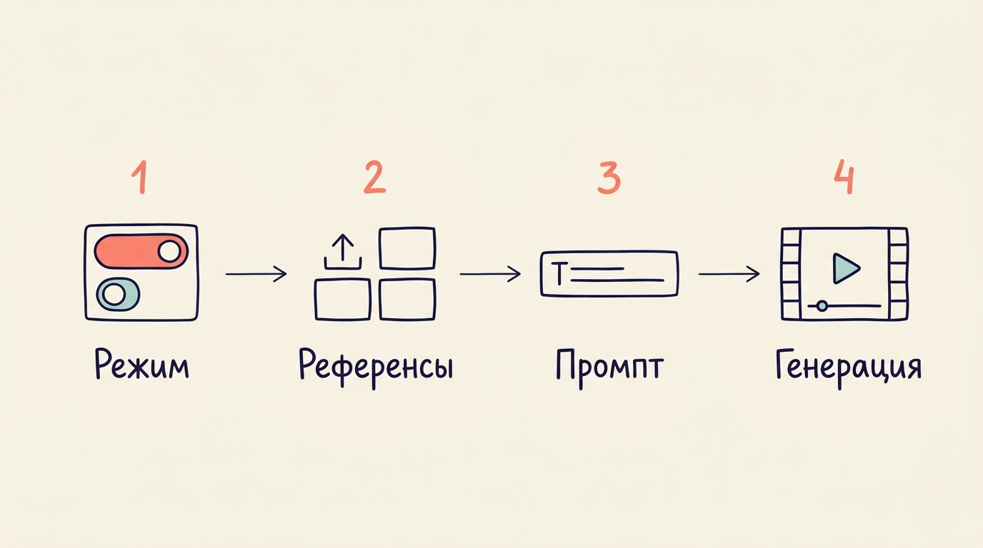 Четыре шага генерации клипа: режим, референсы, промпт, генерация