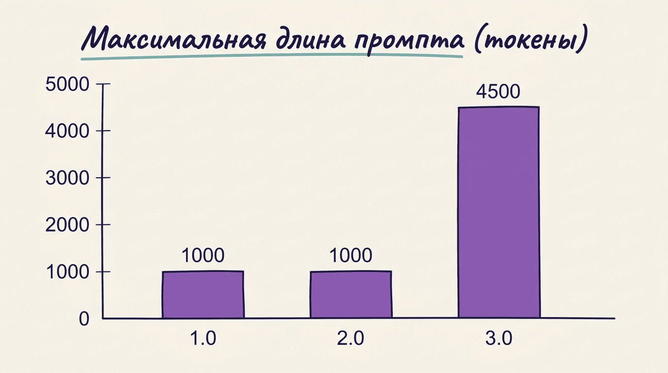 График максимальной длины промпта по версиям Qwen-Image: 1.0 и 2.0 — 1000 токенов, 3.0 — 4500 токенов