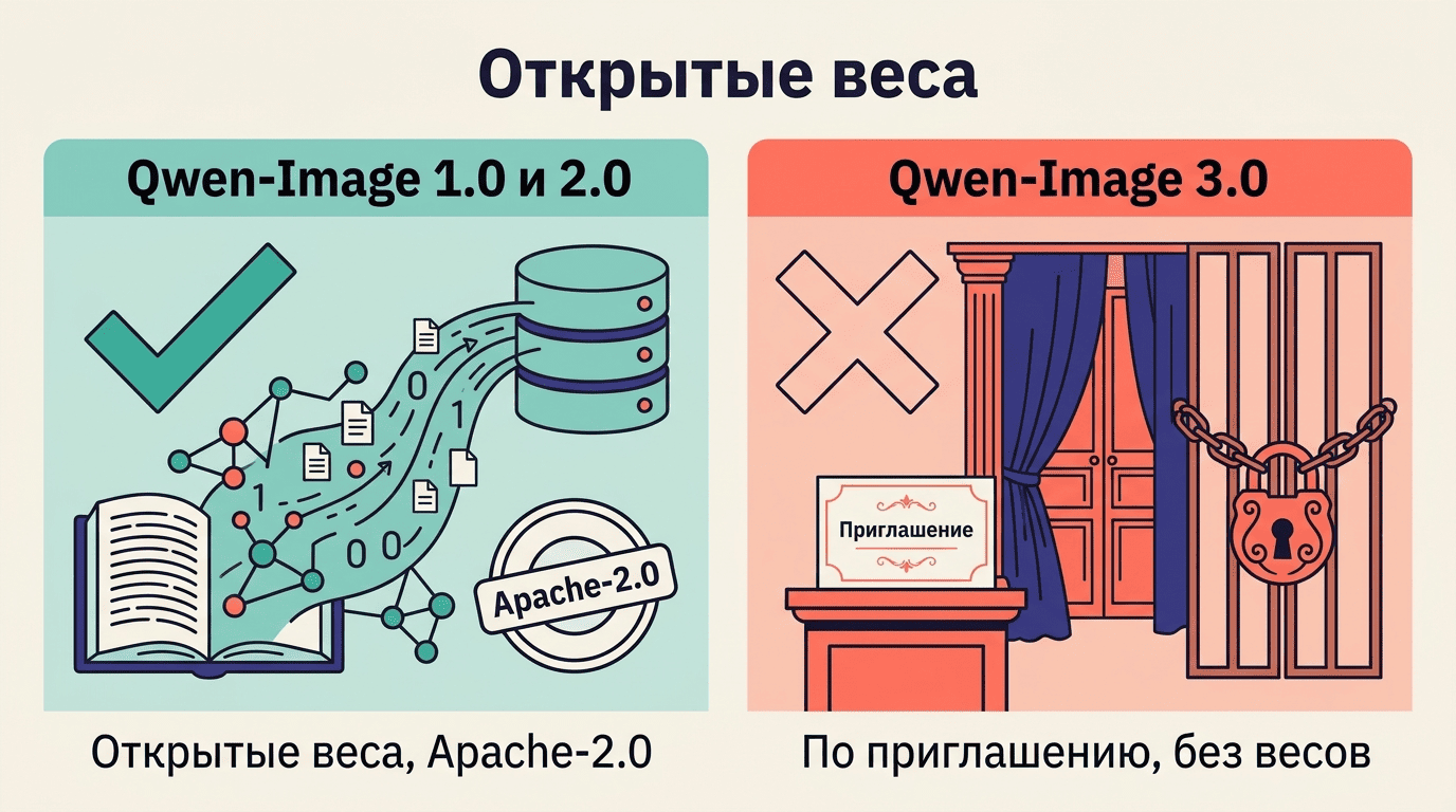 Открытые веса: Qwen-Image 1.0 и 2.0 — Apache-2.0, Qwen-Image 3.0 — по приглашению без весов