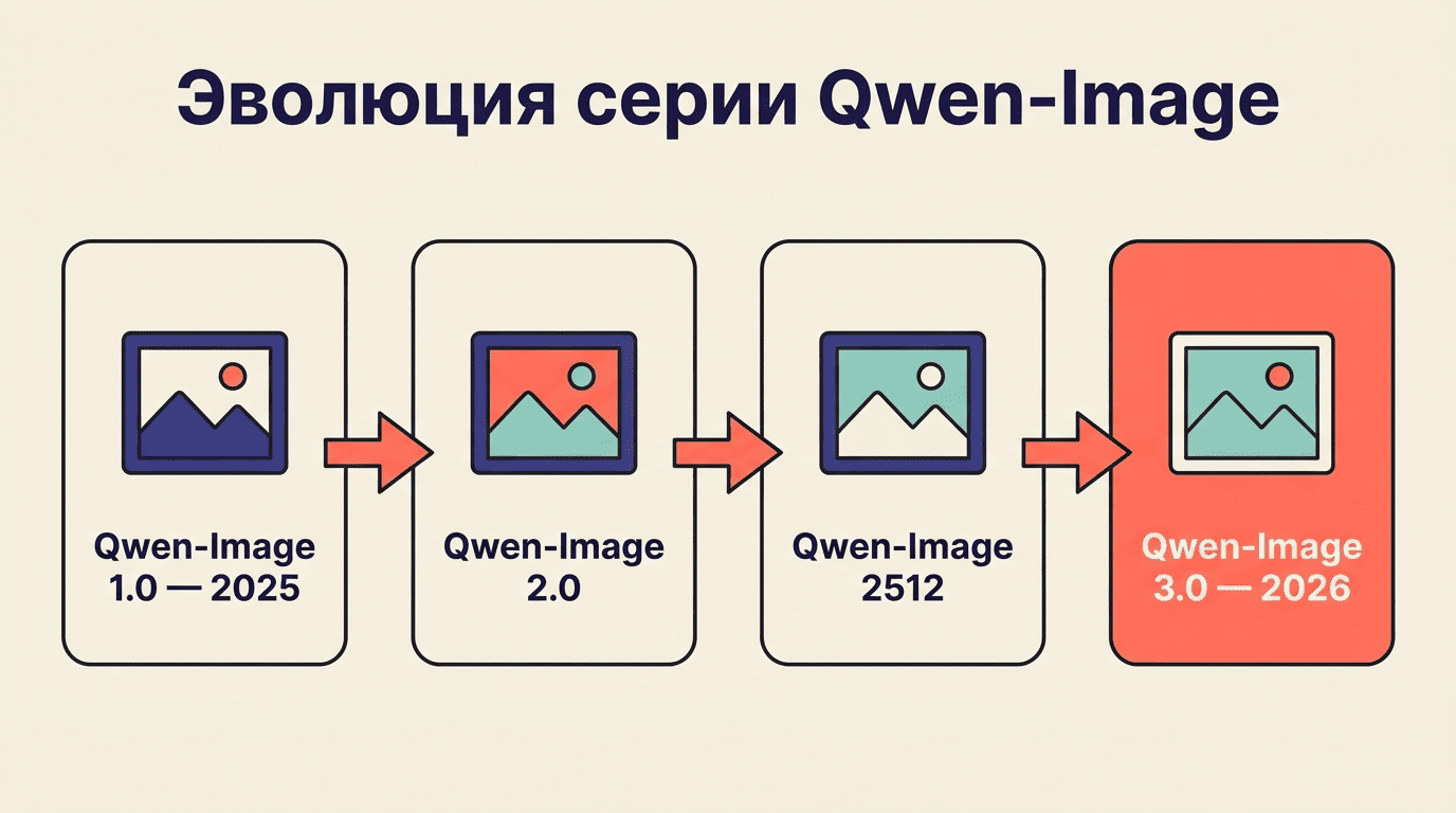 Эволюция серии Qwen-Image: от 1.0 (2025) до 3.0 (2026)
