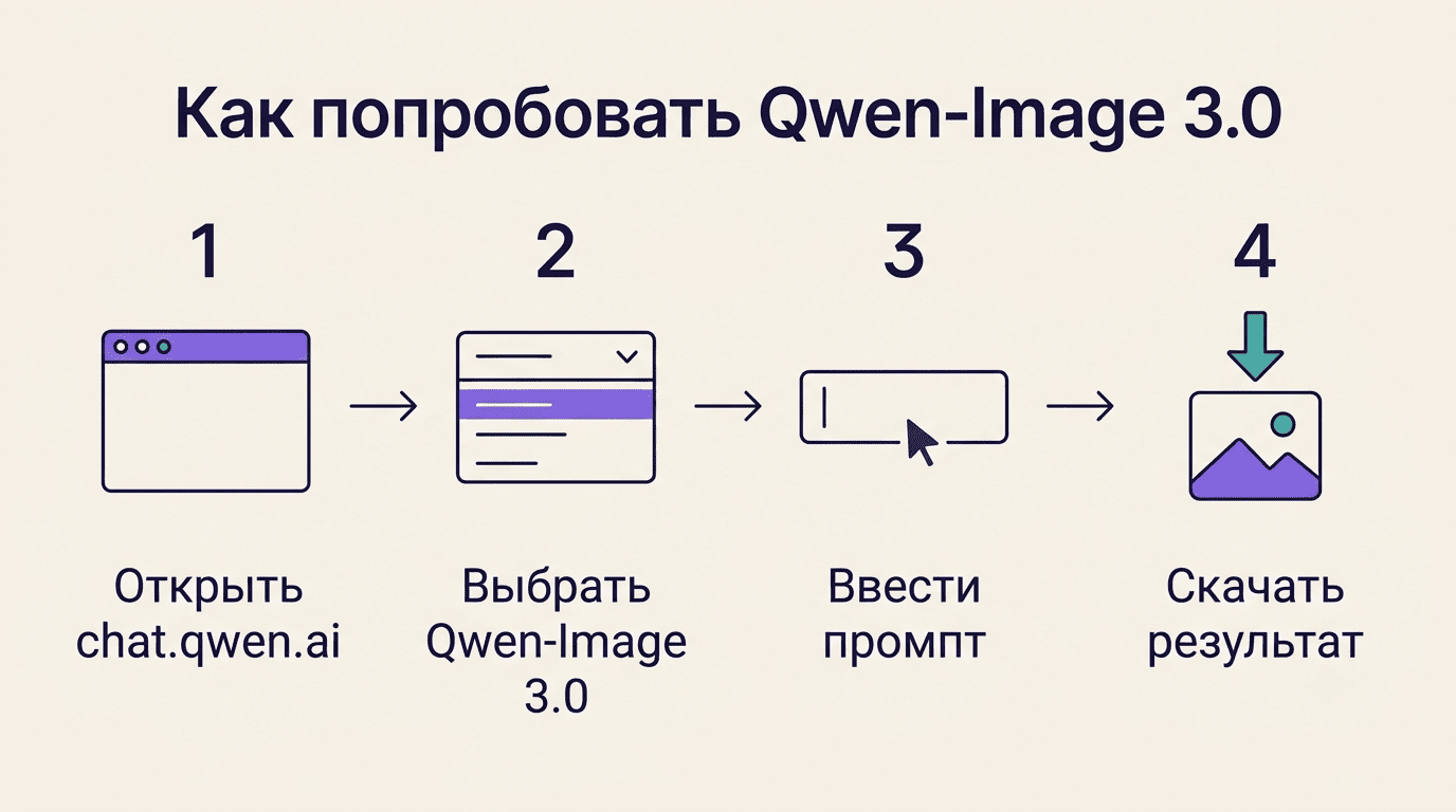 Как попробовать Qwen-Image 3.0 в четыре шага: открыть chat.qwen.ai, выбрать модель, ввести промпт, скачать результат