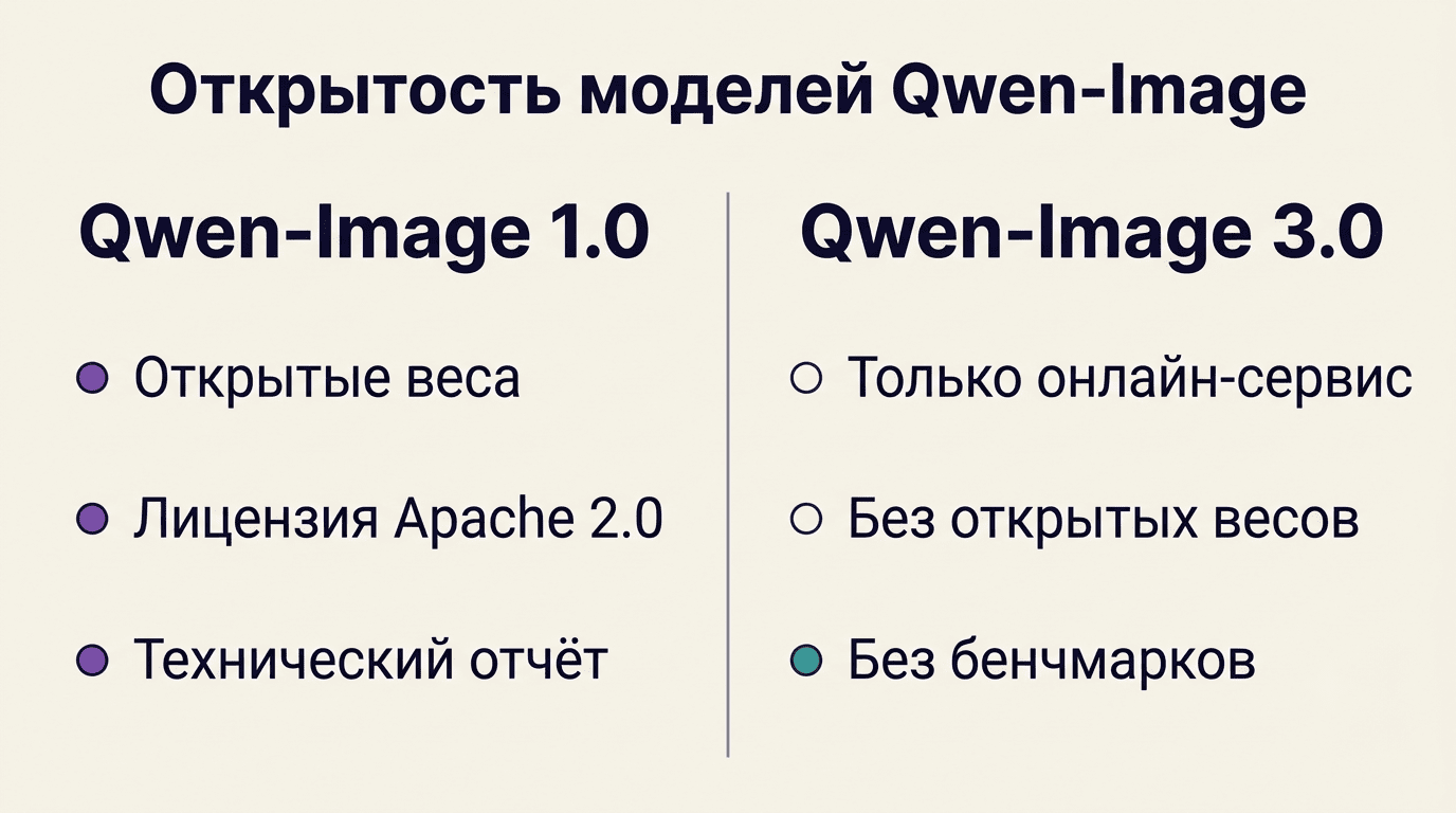 Сравнение открытости Qwen-Image 1.0 и 3.0: у 1.0 открытые веса, Apache 2.0 и техотчёт, у 3.0 только сервис без весов и бенчмарков