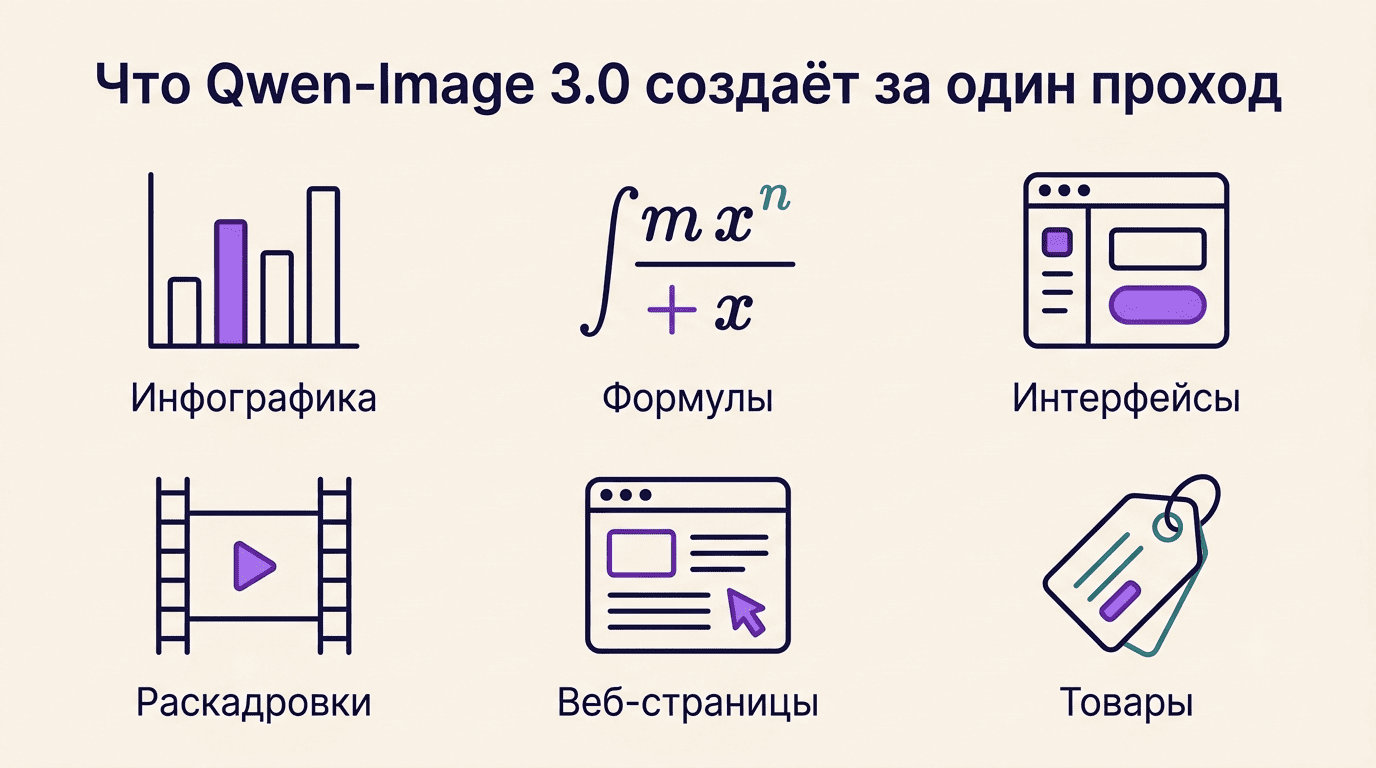 Что Qwen-Image 3.0 создаёт за один проход: инфографика, формулы, интерфейсы, раскадровки, веб-страницы, товары