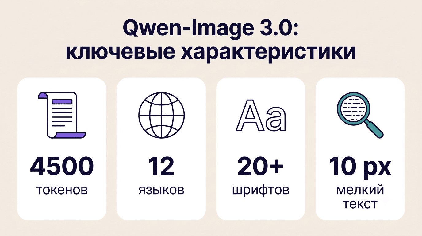 Ключевые характеристики Qwen-Image 3.0: 4500 токенов, 12 языков, 20+ шрифтов, текст от 10 пикселей