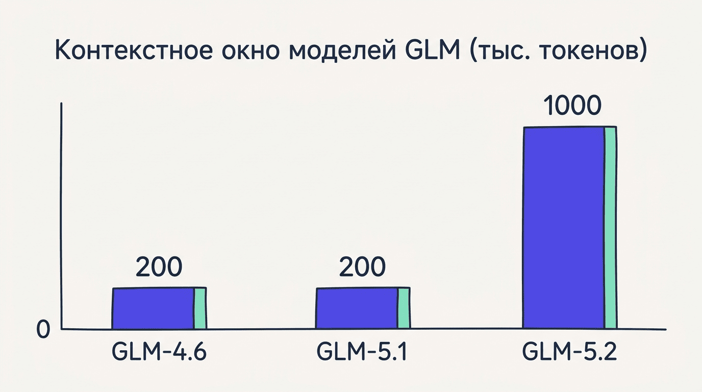 График контекстного окна моделей GLM: GLM-4.6 и GLM-5.1 по 200 тыс., GLM-5.2 — 1 млн токенов