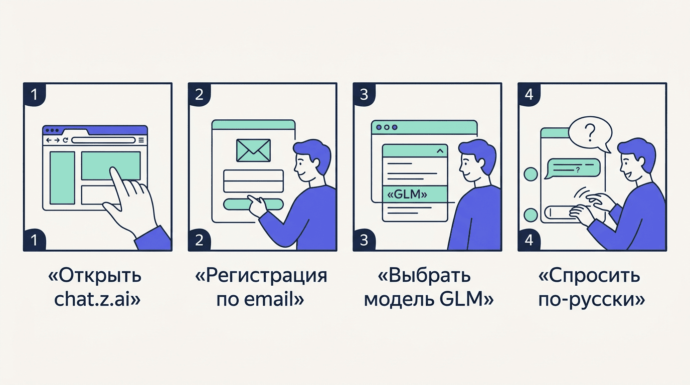 Четыре шага запуска Z.ai из России: открыть chat.z.ai, регистрация по email, выбрать GLM, спросить по-русски
