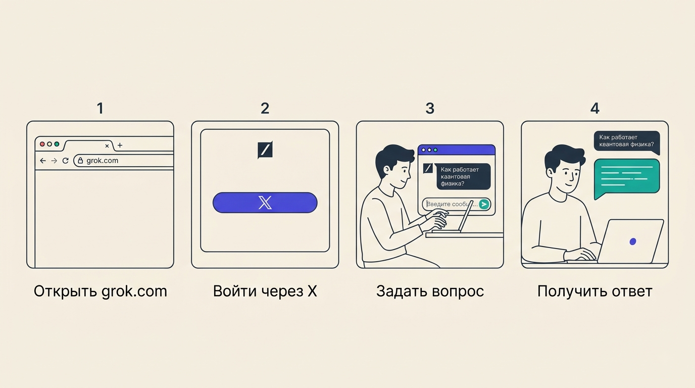 Четыре шага, как начать пользоваться Grok на сайте grok.com