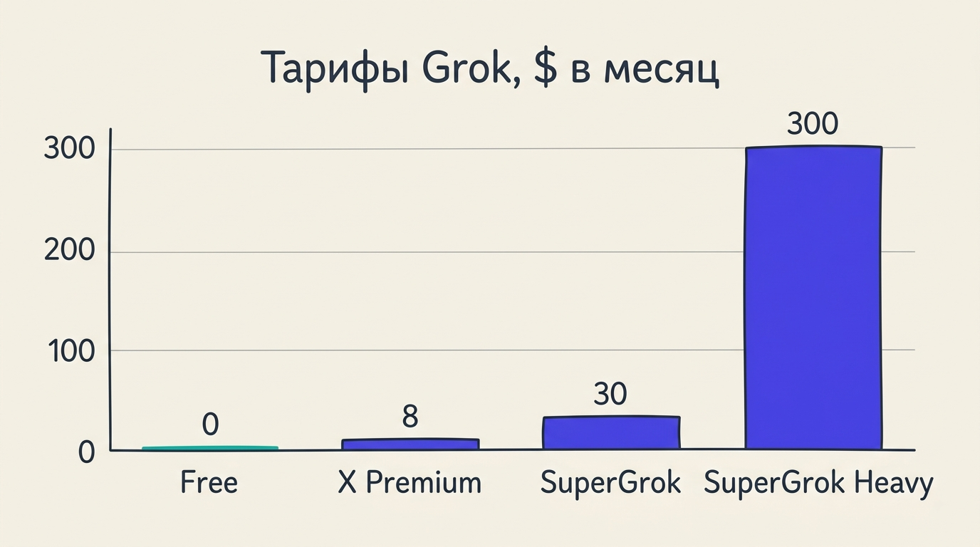 График тарифов Grok в долларах в месяц: Free, X Premium, SuperGrok, SuperGrok Heavy