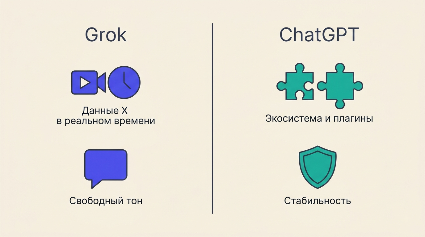 Сравнение Grok и ChatGPT: данные X в реальном времени и свободный тон против экосистемы и стабильности