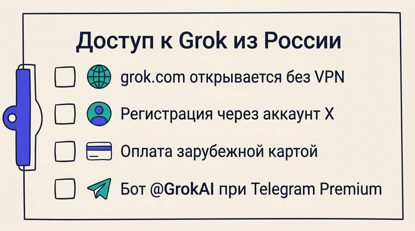 Чеклист доступа к Grok из России: grok.com без VPN, регистрация через X, оплата зарубежной картой, бот @GrokAI