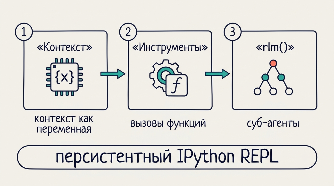 Схема RLM: контекст как переменная, инструменты как функции, суб-агенты через rlm() в персистентном IPython REPL