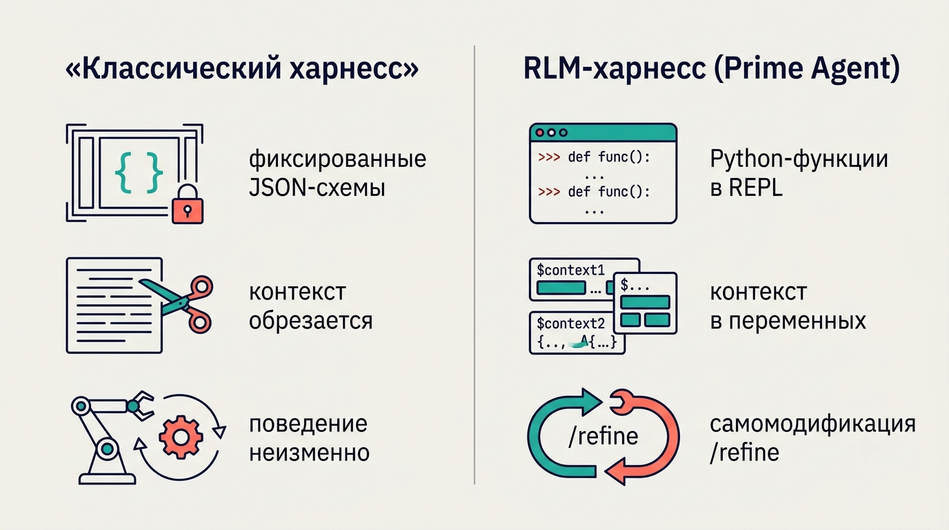 Сравнение классического харнесса и RLM-харнесса Prime Agent: фиксированные JSON-схемы против Python-функций в REPL