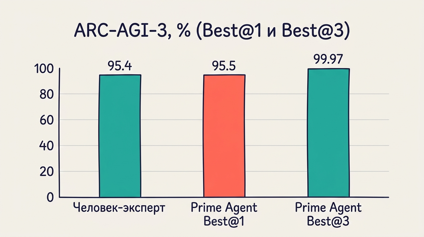 Столбчатая диаграмма ARC-AGI-3: Prime Agent 95.5% против человека-эксперта 95.4% и Best@3 99.97%