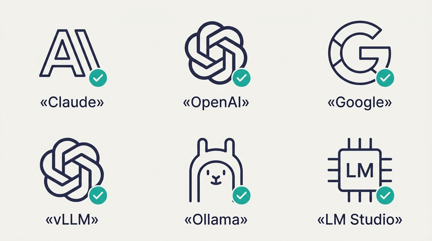 Набор иконок поддерживаемых моделей и провайдеров Prime Agent: Claude, OpenAI, Google, vLLM, Ollama, LM Studio