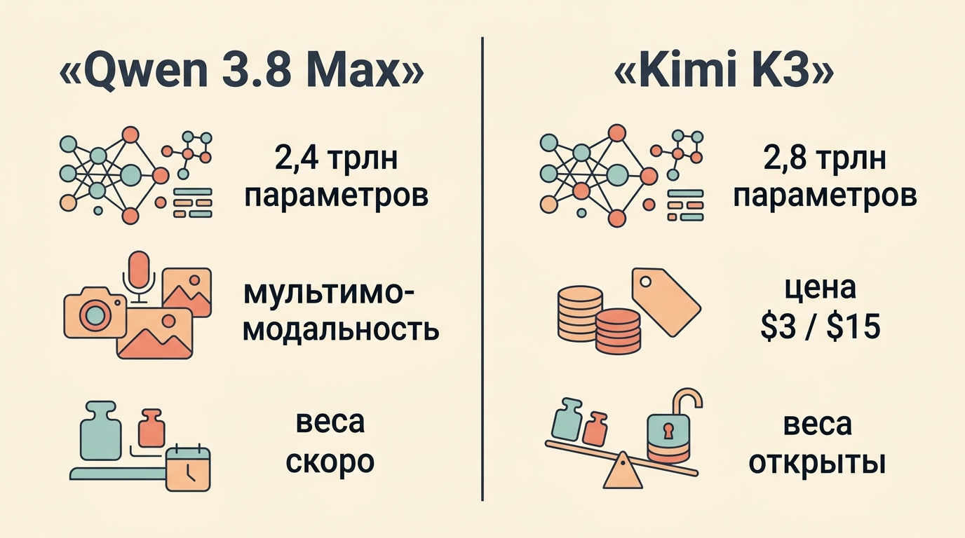 Сравнение Qwen 3.8 Max и Kimi K3 по параметрам, цене и открытым весам