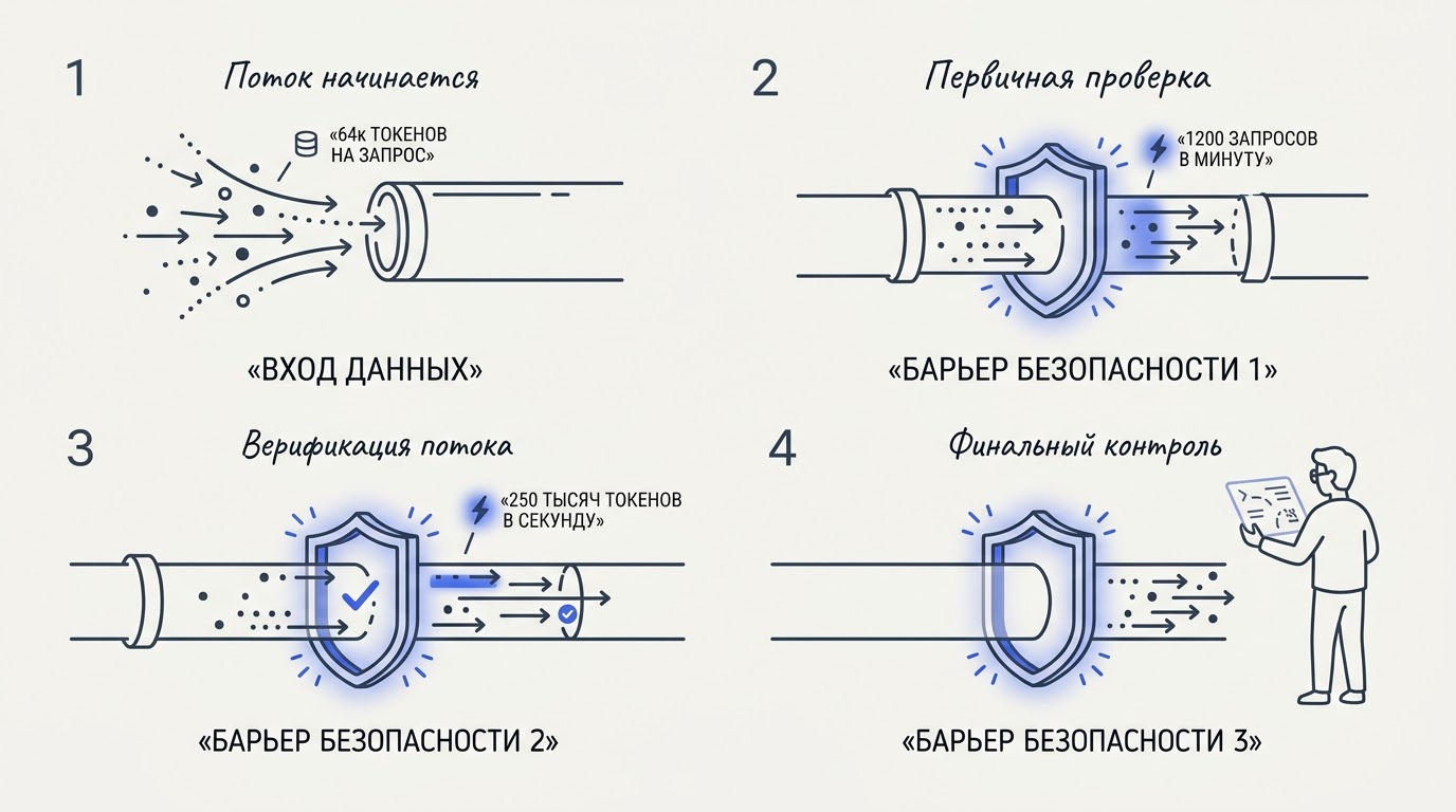 Динамичная инфографика потока данных через три светящихся шлюза и разработчик с прозрачным планшетом.