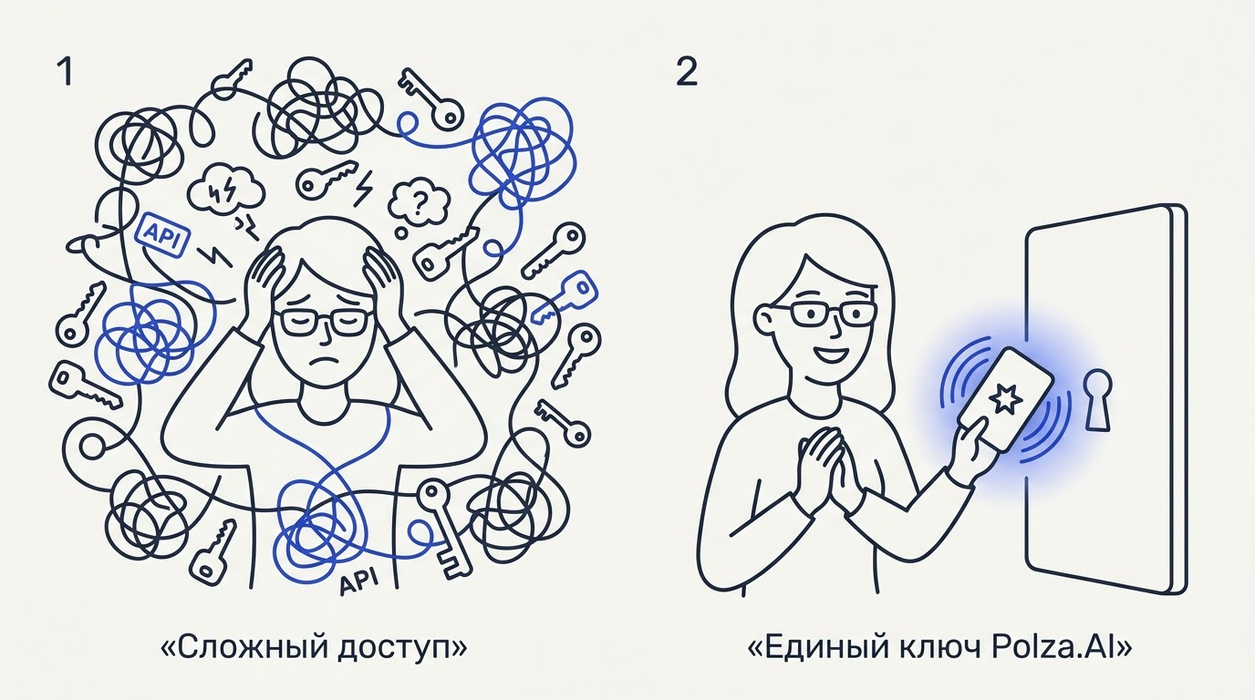 Комикс из двух панелей: разработчик путается в проводах и ключах, а затем радостно открывает дверь универсальной картой.