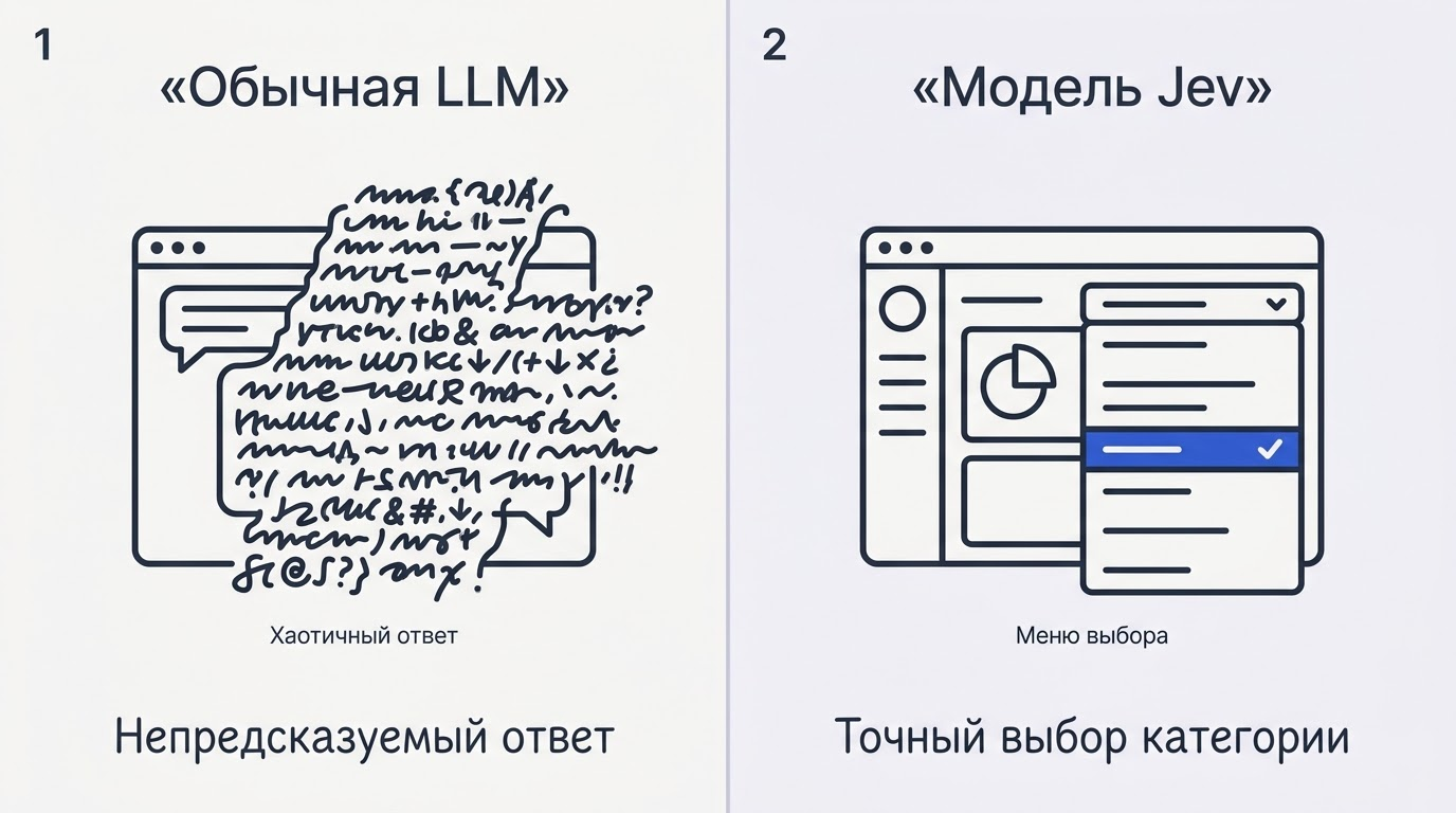Сравнение двух интерфейсов: слева хаотичный чат с бесконечным текстом, справа чистый аналитический дашборд с выбором точной категории.