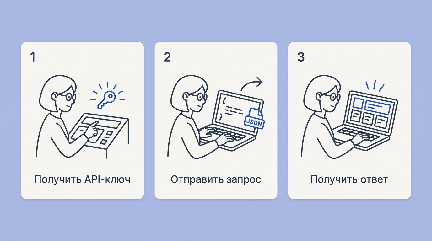 Три карточки шагов: получение токена API, форматирование структурированного JSON-запроса и получение готового объекта данных на экране.