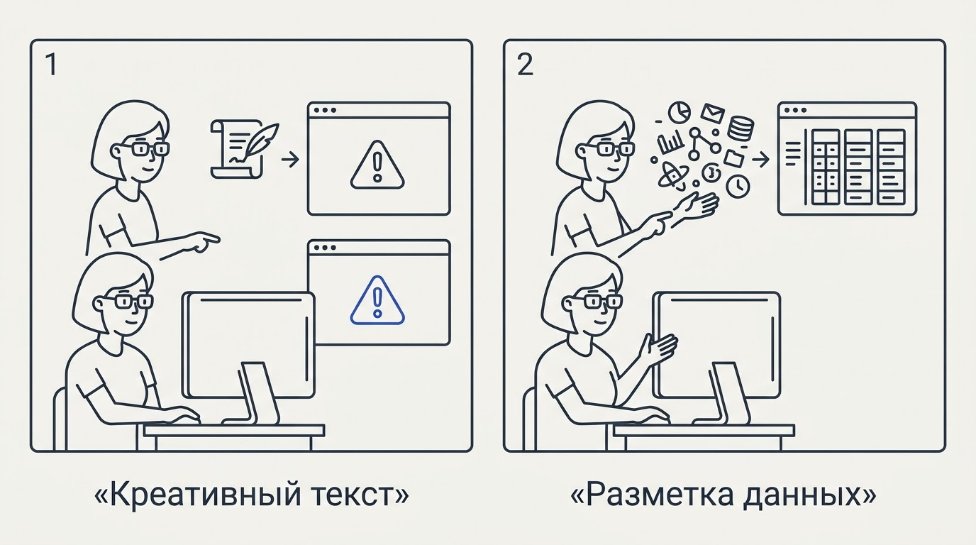 Комикс из двух кадров: система выдает ошибку на просьбу написать стих, но мгновенно сортирует и тегирует загруженный массив данных.