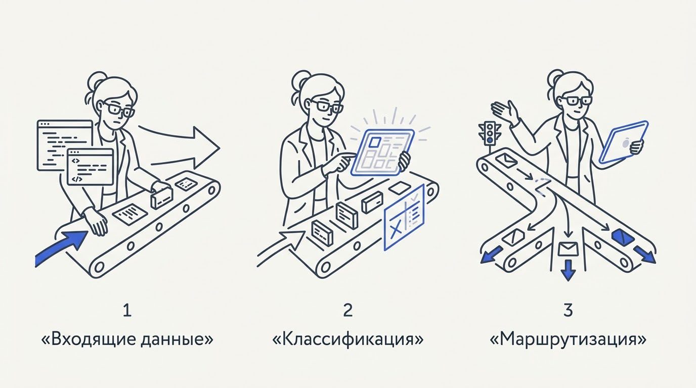 Девушка-разработчик распределяет потоки блоков кода через светящийся планшет, работая как регулировщик.