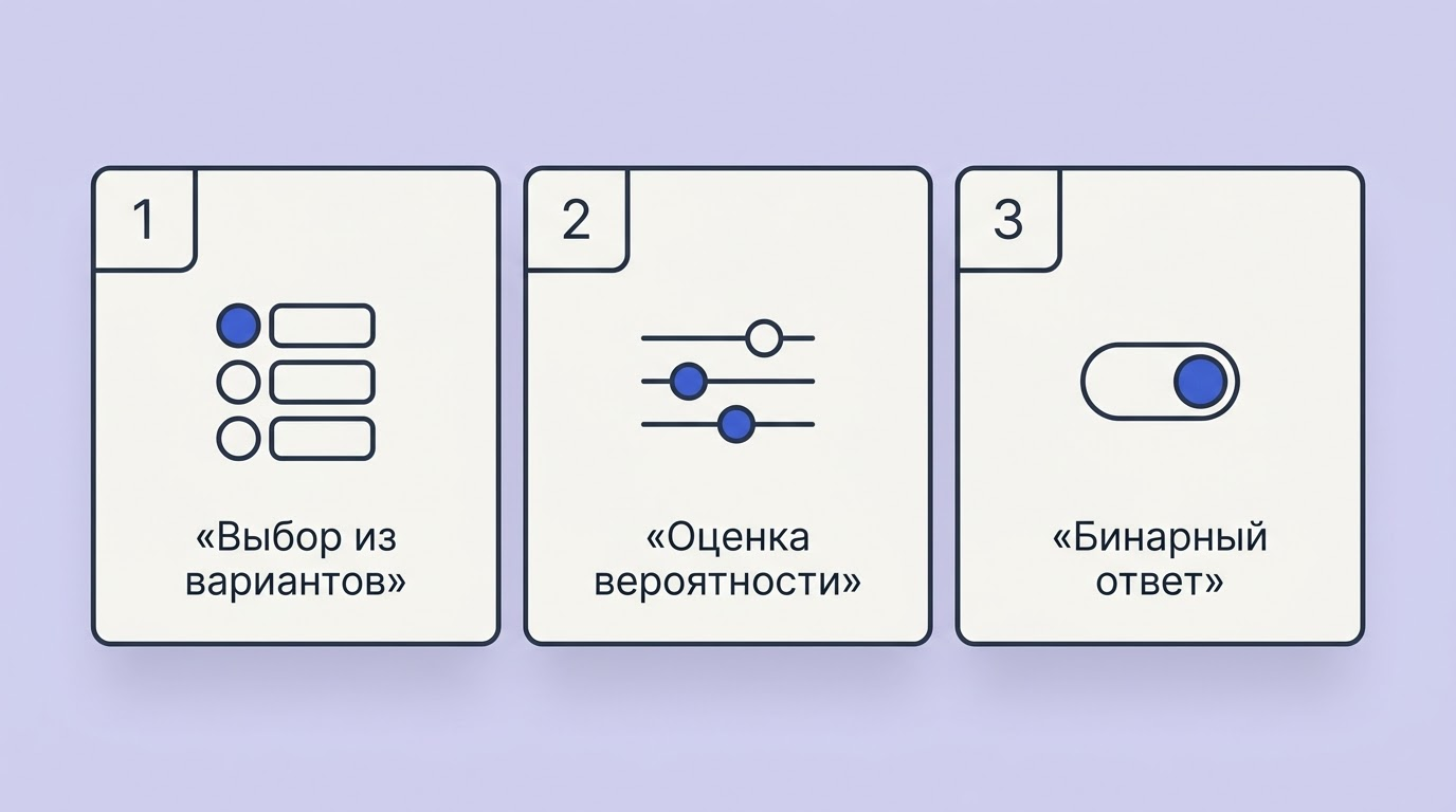 Парящий интерфейс с тремя карточками: кнопки выбора из нескольких вариантов, ползунок шкалы и тумблер логического значения.