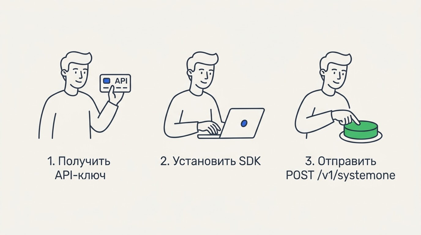 Линейная схема из трех шагов: разработчик держит карточку API-ключа, набирает код на ноутбуке и нажимает кнопку POST.