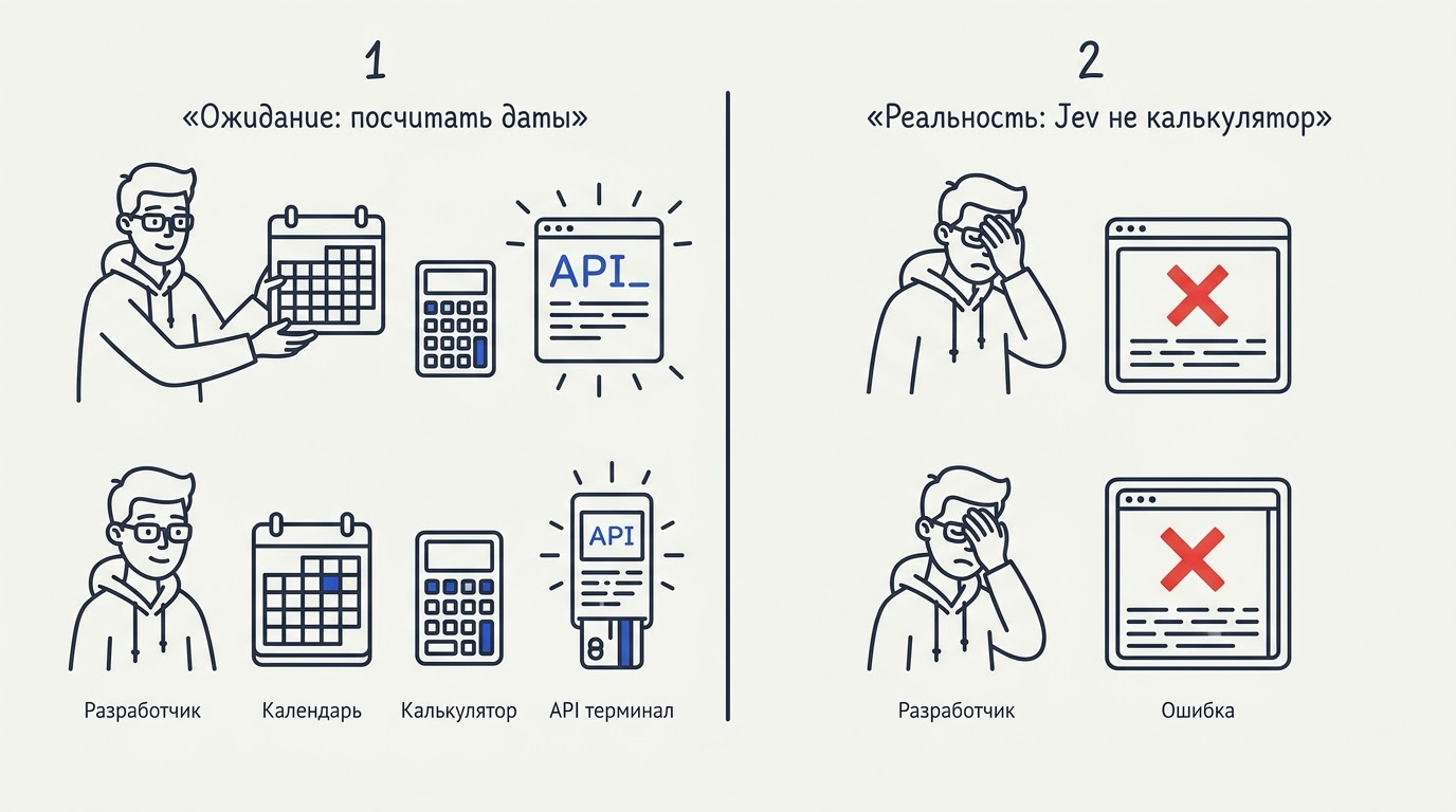 Комикс из двух панелей: разработчик дает терминалу календарь и калькулятор, а на экране появляется красный крест ошибки.
